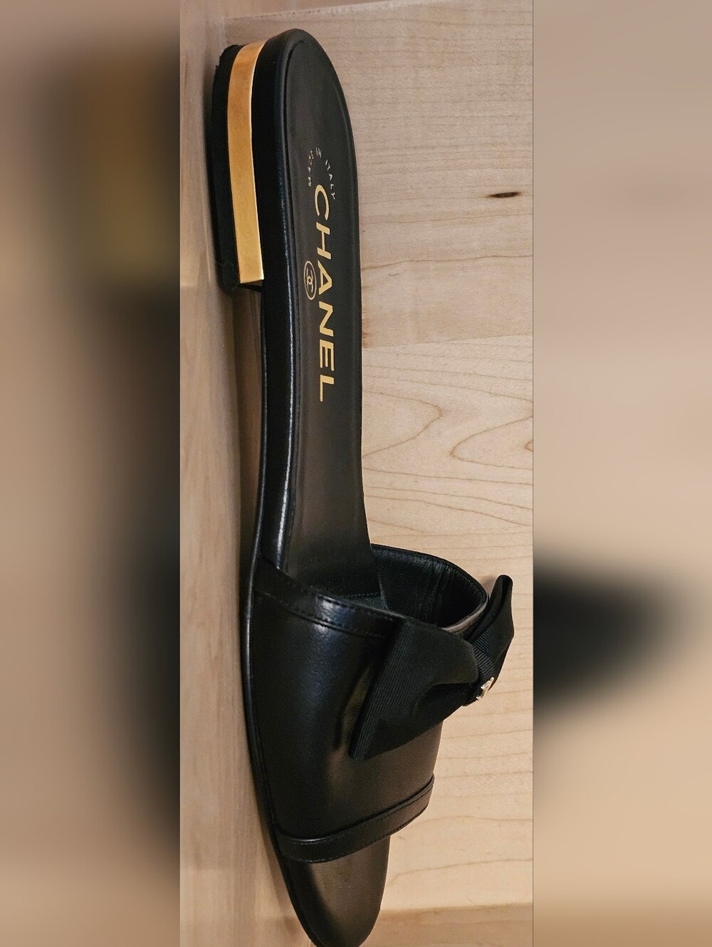 CHANEL Black Bow Slide Sandals with Gold CC Accent - Picture 5 of 5